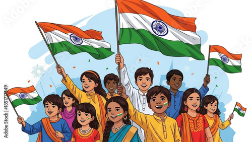 Celebrating India's Independence Day with Joyful Children Waving National Flags in Unity and Freedom