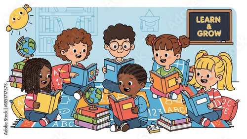Diverse Children Learning Reading Books Classroom Educational Environment Literacy Growth Concept