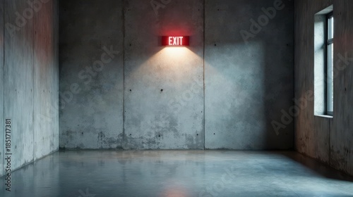 Illuminated Exit Sign in a Concrete Room with a Single Window