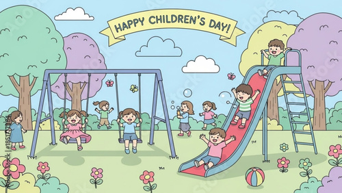 Happy Children's Day Playground Fun Illustration with Kids Playing on Swings and Slide in Colorful Park