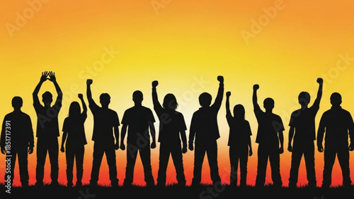 Unity and Celebration Silhouette at Vibrant Sunset, Group of People Raising Hands in Joy and Freedom