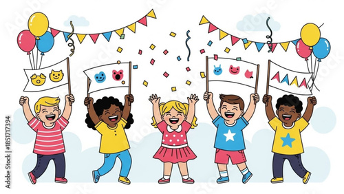 Happy Children Celebrating Party Time with Balloons and Banners in Colorful Fun Scene with Smiley Faces and Confetti