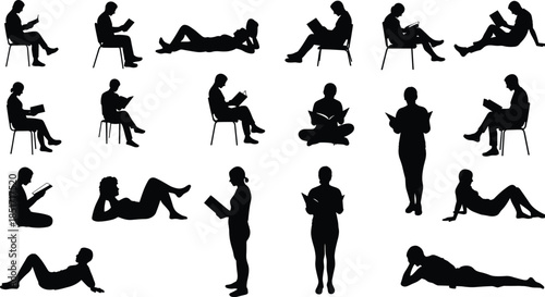 Eighteen Diverse Reading Silhouettes, People Relaxing with Books in Various Poses, Sitting, Standing, Reclining, Lying Down, Leisurely Study Scenes and Comfortable
