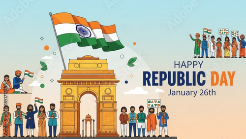 Vibrant India Republic Day Celebration Scene with Gateway of India Monument and Flags Waving High in Orange White Green
