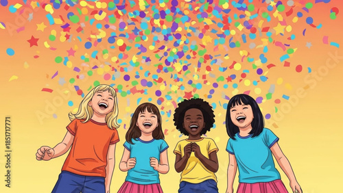 Happy Diverse Children Celebrating Joyful Moment with Colorful Confetti Background