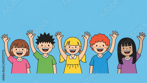 Happy children waving hands up in excitement and joy, colorful illustration for kids and education