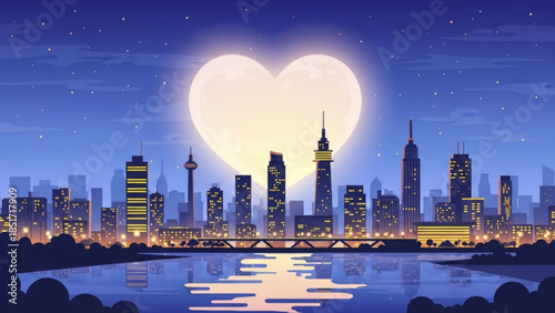 Romantic Cityscape with Heart-Shaped Moonlight, Urban Skyline at Dusk, Love Concept Illustration