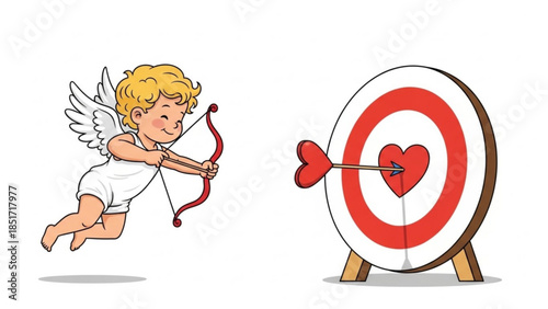 Cupid Aims for Love Hearts Target with Precision and Accuracy in a Playful Valentine's Day Illustration