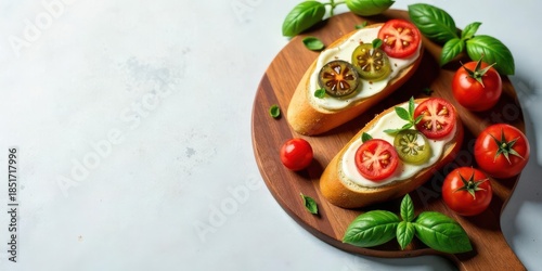 Aromatic Creamy Bruschetta Topped with Sliced Tomatoes and Basil on Wooden Board