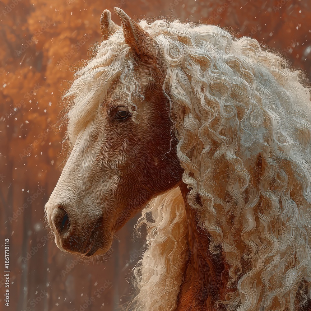 Obraz premium Beautiful noble brown horse with long curly white mane in autumn backdrop