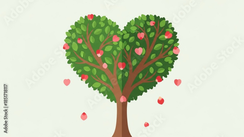 Heart-Shaped Tree with Green Leaves and Pink Flowers, Symbolizing Love and Nature in a Beautiful Cartoon Illustration Style