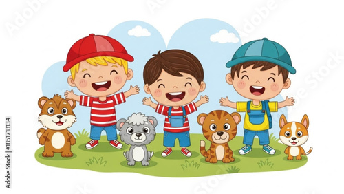 Happy children playing with friendly animals outdoors in a beautiful sunny day with cute dogs and a tiger