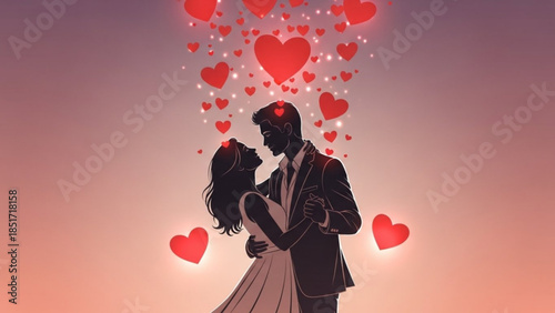 Romantic Couple Kissing Under Hearts at Sunset with Love and Passion, Beautiful Vector Illustration of Man and Woman Dancing