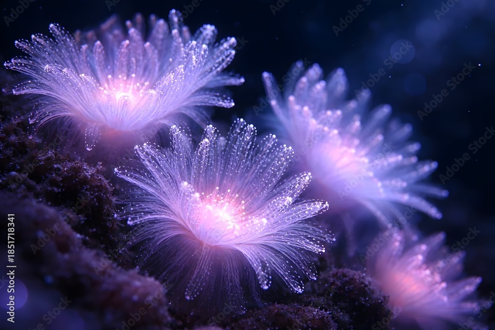 Fototapeta premium A captivating close-up reveals several bioluminescent sea anemones, their delicate, glowing purple and pink tentacles radiating soft light against a dark, mysterious underwater backdrop.