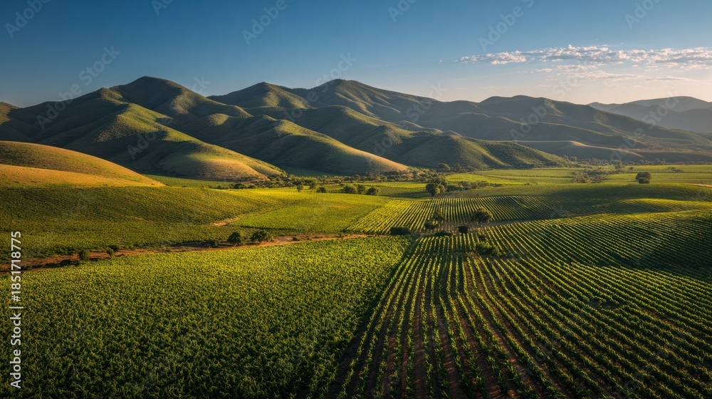 Obraz premium Vineyard Landscape with Mountain Range: A breathtaking panoramic view of a vast vineyard, stretching across rolling hills.