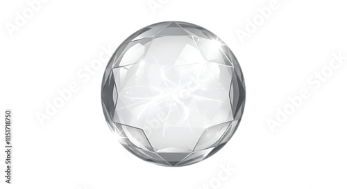 Transparent faceted sphere reflecting bright light with intricate patterns