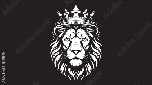 "Roaring Lion King Head with Crown - Black and White Vector Illustration".