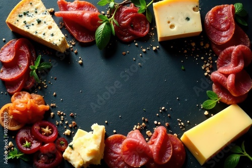 A culinary arrangement featuring assorted cheeses, thinly sliced cured meats, and vibrant marinated vegetables, artfully presented on a dark surface