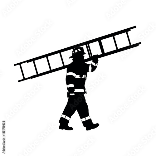 Firefighter carrying a ladder silhouette side view walking emergency services rescue worker.