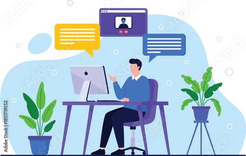 Minimalist flat vector illustration of a comfortable modern sofa with yellow cushions, an adjustable floor lamp, and a small side table with a potted plant and books