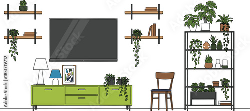 Modern and minimalist living room interior with a large wall-mounted TV, entertainment console, armchair, and extensive collection of diverse potted houseplants and green decor