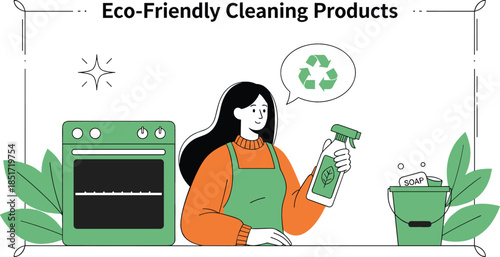 Flat vector illustration of a woman using eco-friendly cleaning products, holding a spray bottle with a leaf symbol, promoting sustainable household chores and environmental wellness