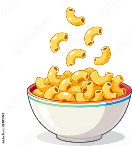 Bowl full of elbow macaroni pasta with pieces falling cartoon vector illustration