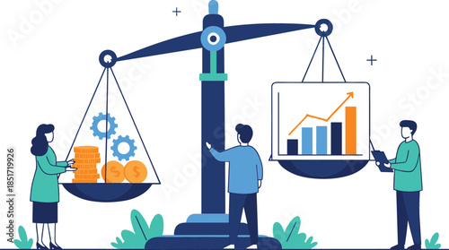 Flat vector illustration of a diverse business team holding up large, colorful jigsaw puzzle pieces, symbolizing teamwork, collaboration, and successful problem-solving