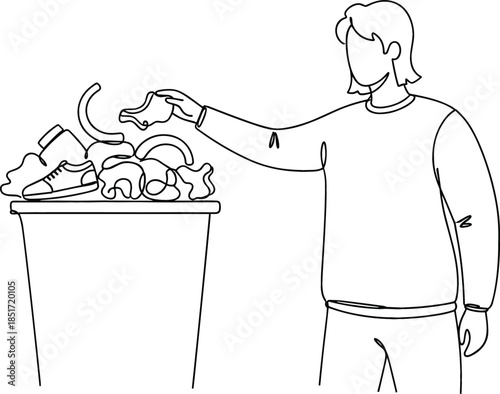 Minimalist black and white continuous line art vector illustration of a person discarding old clothes, shoes, and textiles into an overflowing trash can or donation bin, symbolizing decluttering and w