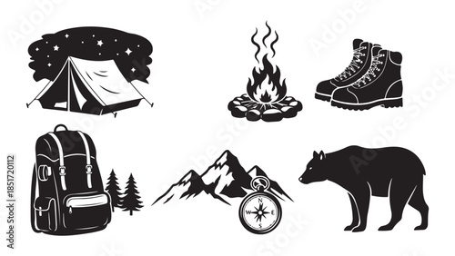 Camping and Outdoor Adventure Icon Set with Tent, Campfire, and Bear