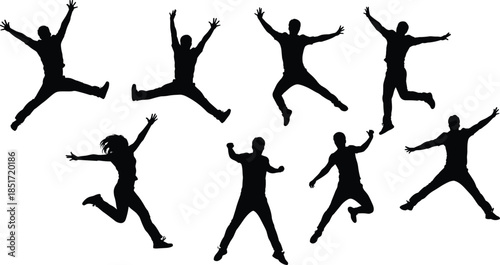 Energetic jumping silhouettes, group of people leaping, celebratory active figures, dynamic motion burst, joyful freedom expression, fitness dance jump vector illustration