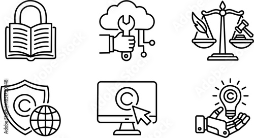 Copyright protection icons set showcasing intellectual property. Minimalist black outline vector illustration