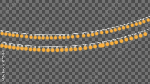 Golden String Lights Hanging on Transparent Background, Festive Glowing Bulb Garlands for Celebration and Holiday Decor