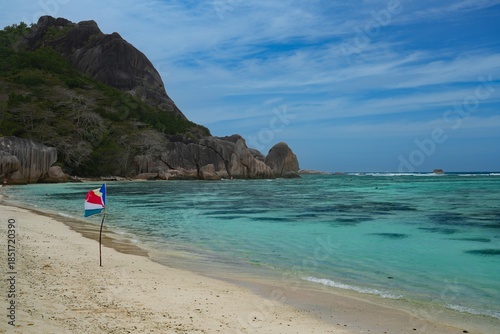Day view of the Anse Source d Argent beach with its granite boulders on La Digue island in the Seychelles, one of the most beautiful beaches in the world