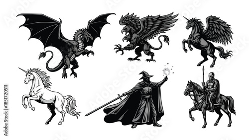 Fantasy Mythical Creatures and Characters Set with Dragon, Wizard, and Pegasus