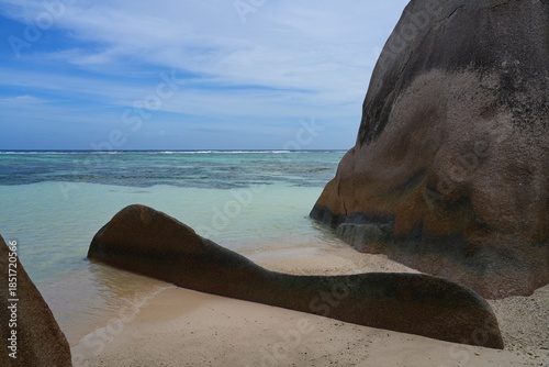 Day view of the Anse Source d Argent beach with its granite boulders on La Digue island in the Seychelles, one of the most beautiful beaches in the world