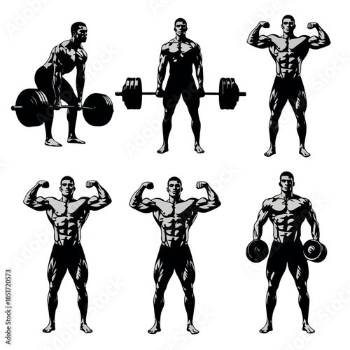 Muscular men in various poses demonstrating strength and bodybuilding exercises.