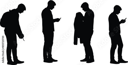 Everyday Urban Silhouettes, Tying Shoelace, Using Smartphone, Holding Jacket, Minimalist Human Poses Vector Set for Lifestyle Mobile Commuter Scenes