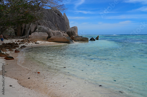 Day view of the Anse Source d Argent beach with its granite boulders on La Digue island in the Seychelles, one of the most beautiful beaches in the world