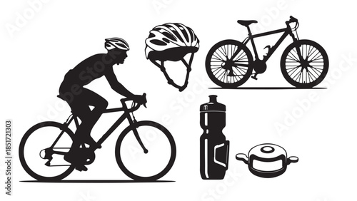 Bicycle and cycling gear collection with road biker silhouette and mountain bike