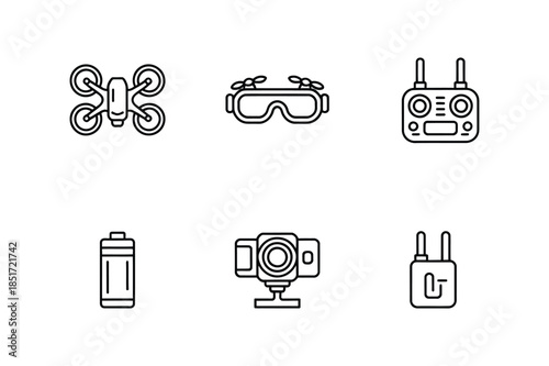 Drone equipment and aerial photography accessories icon set