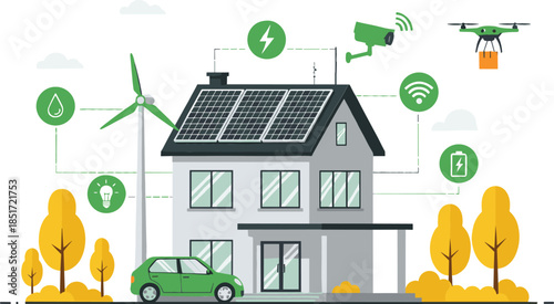 Flat Vector Illustration of a Sustainable Smart Home with Solar Panels, Wind Turbine, Electric Car, and Green Technology Icons