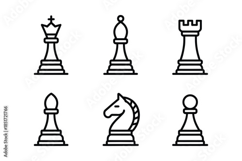 Strategic chess pieces and board game line icon set