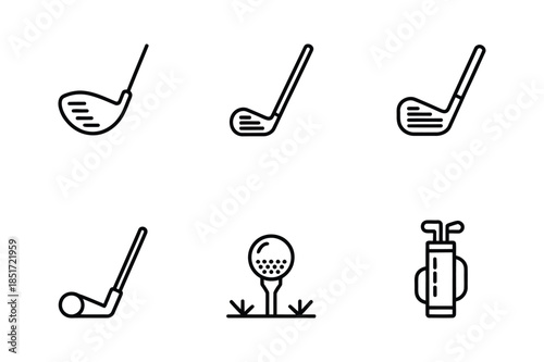 Professional golf equipment and sports club line icon set