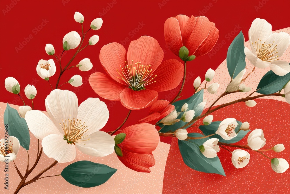 Fototapeta premium Floral red background with white and red blossoms on elegant branch illustration