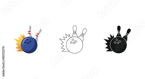 Three bowling pin and ball icons in various styles including a dark silhouette