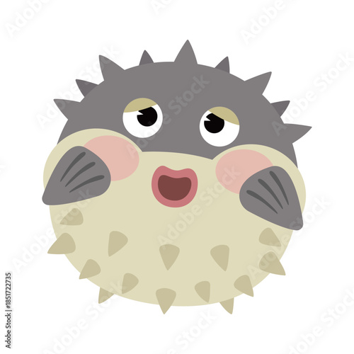 Cute spiky pufferfish emoji shy blushing bashful cartoon vector illustration