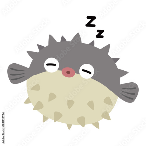 Cute spiky pufferfish emoji sleeping dreamy zzz cartoon vector illustration