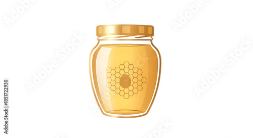 Golden honey fills a decorative glass jar with a honeycomb pattern