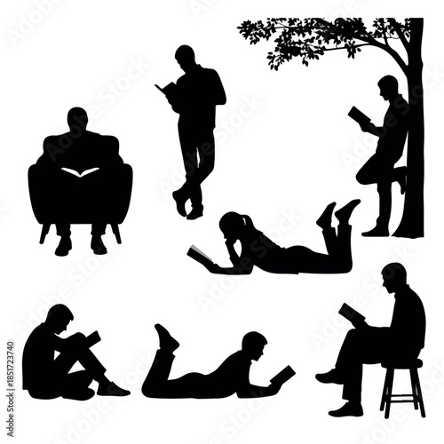 Silhouettes of people engrossed in reading books in various relaxed poses.